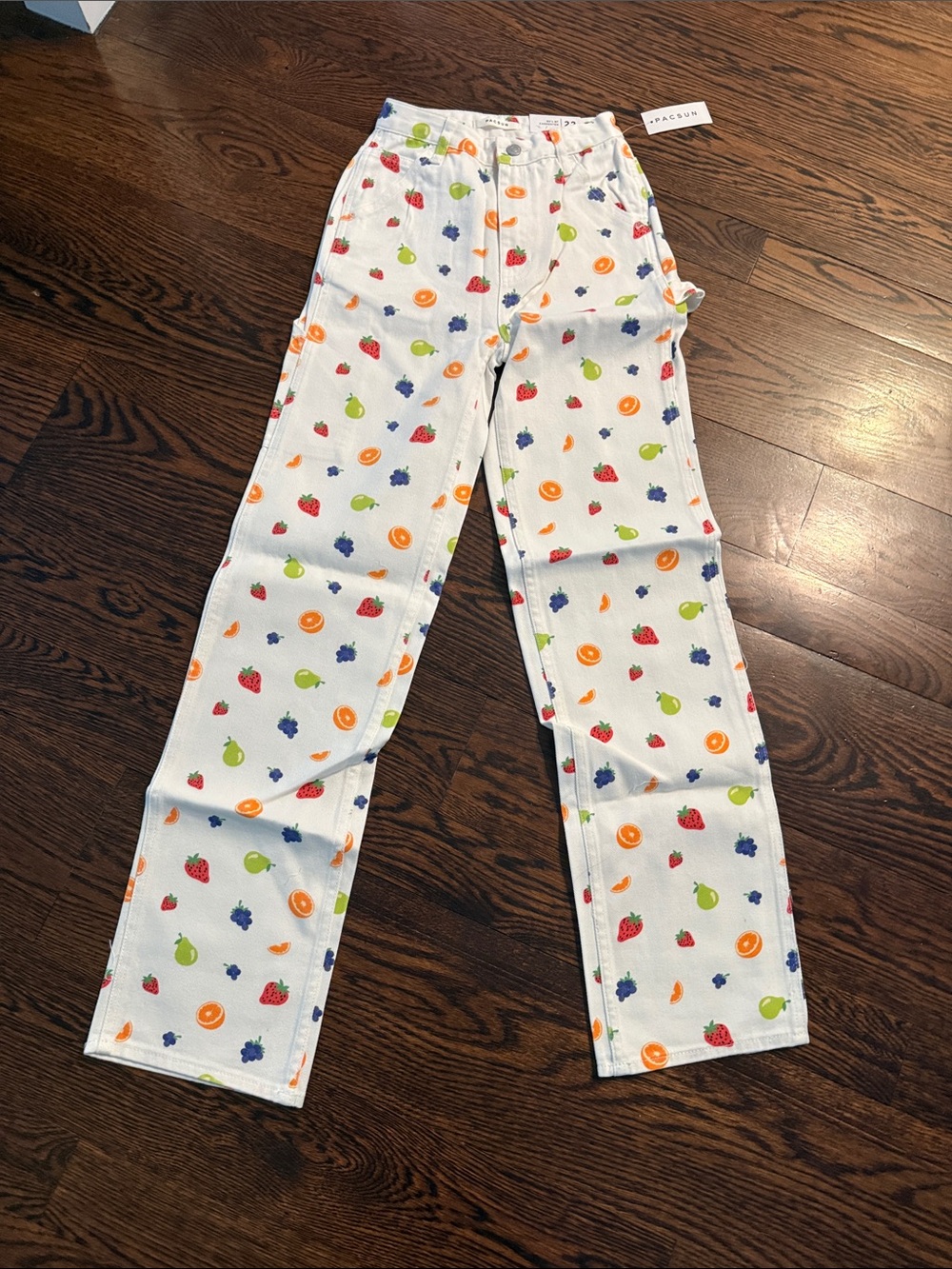 Kids White Fruit-Print  denim Bottoms with Multicolor Fruit